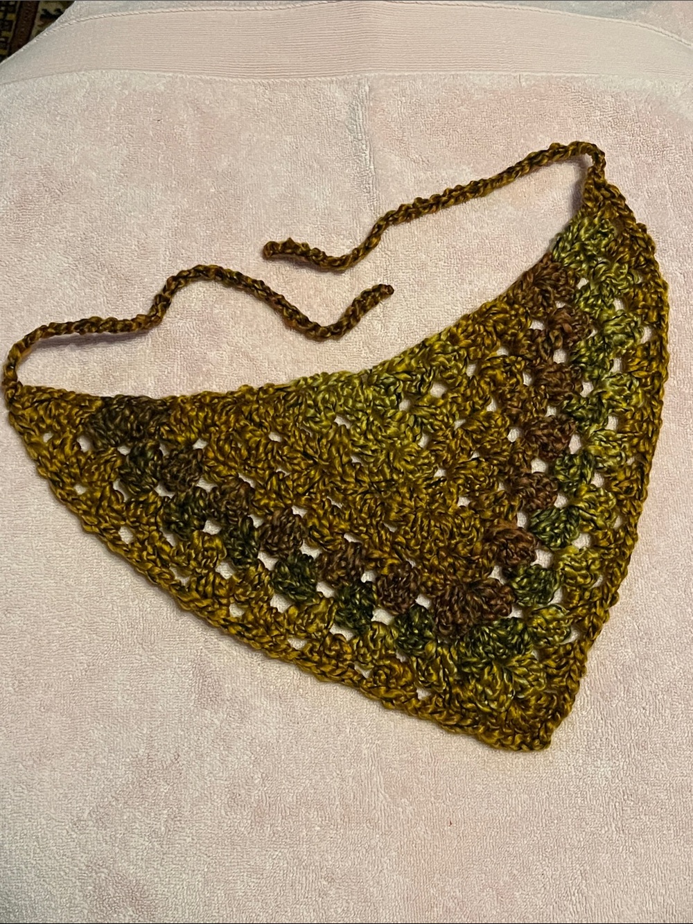 Handmade Crocheted Triangle Head Scarf in Bronze & Olive.